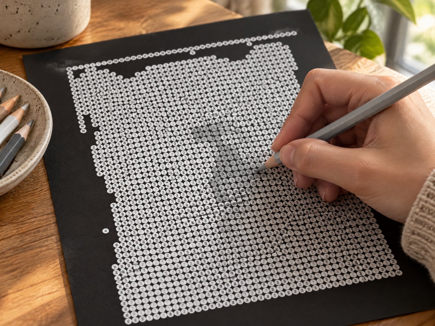 Coloring the dots of a black paper color by number page with colored pencils