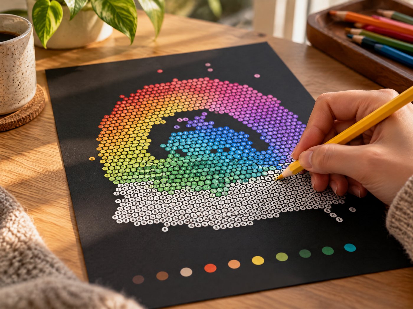 Coloring the dots of a black paper color by number page with colored pencils