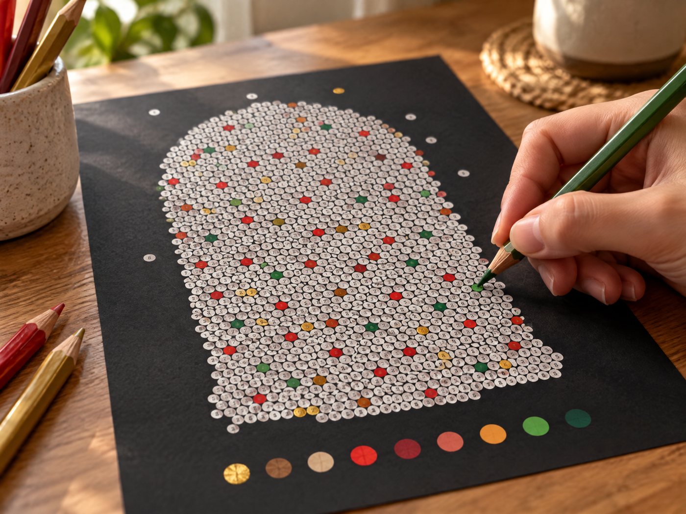 Coloring the dots of a black paper color by number page with colored pencils