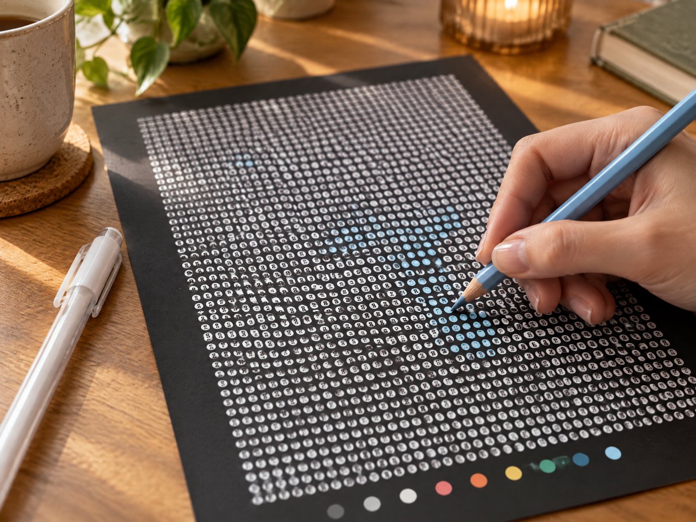 Coloring the dots of a black paper color by number page with colored pencils