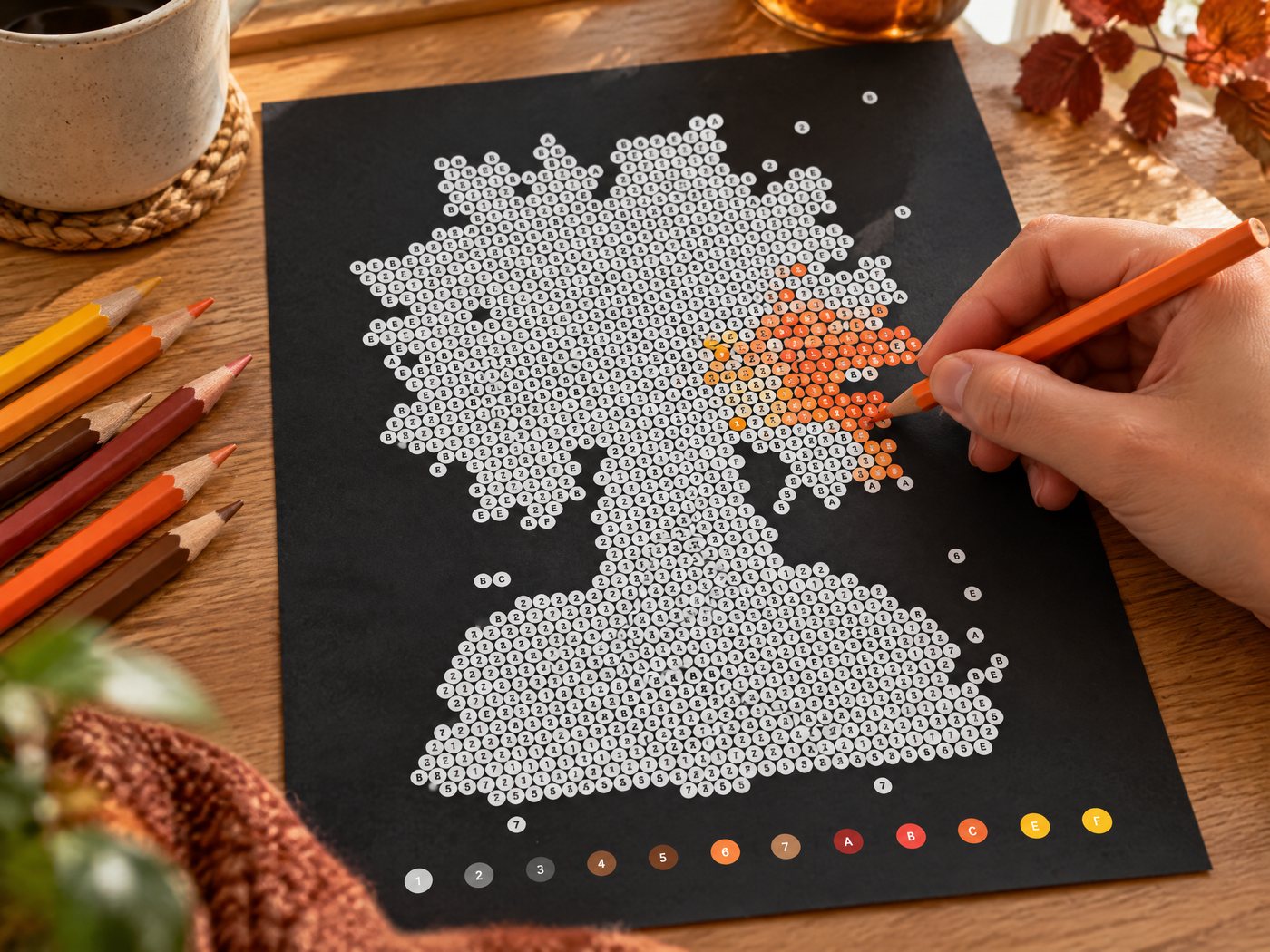 Coloring the dots of a black paper color by number page with colored pencils