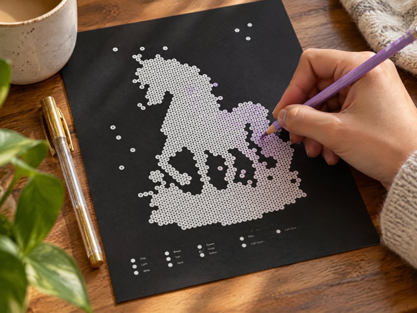 Coloring the dots of a black paper color by number page with colored pencils