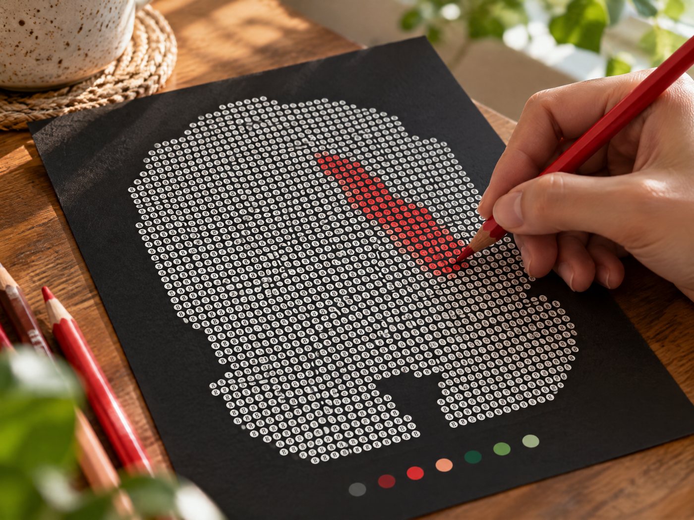 Coloring the dots of a black paper color by number page with colored pencils