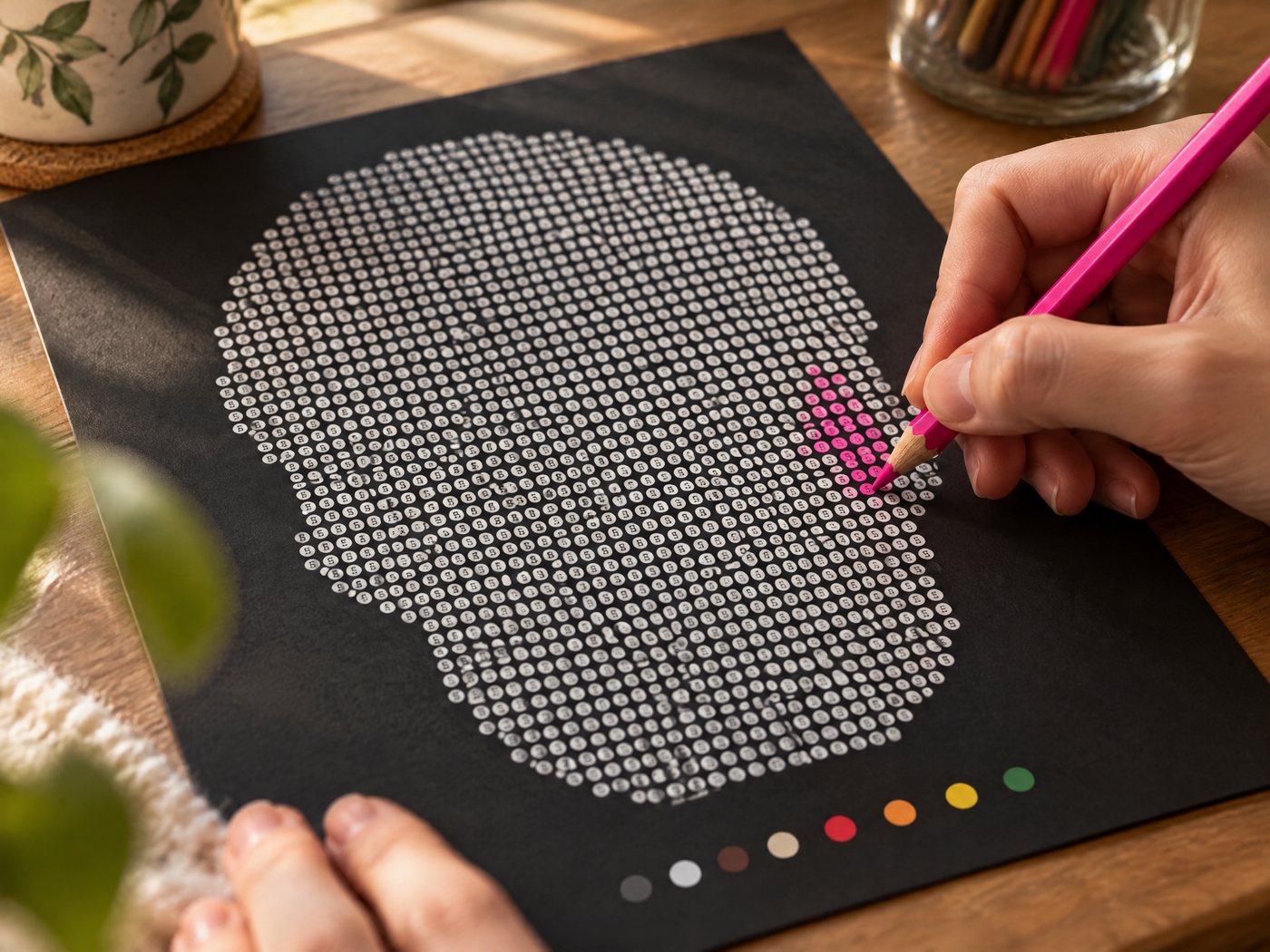 Coloring the dots of a black paper color by number page with colored pencils