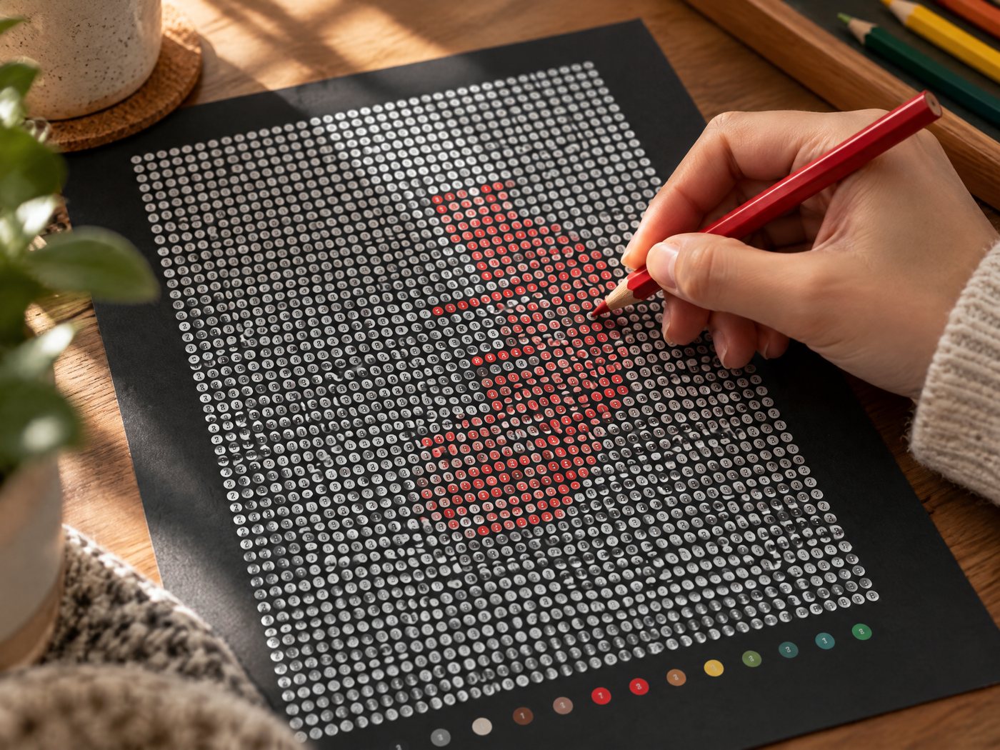 Coloring the dots of a black paper color by number page with colored pencils
