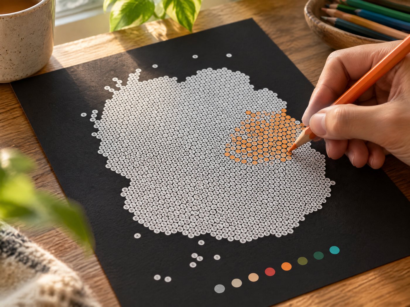 Coloring the dots of a black paper color by number page with colored pencils