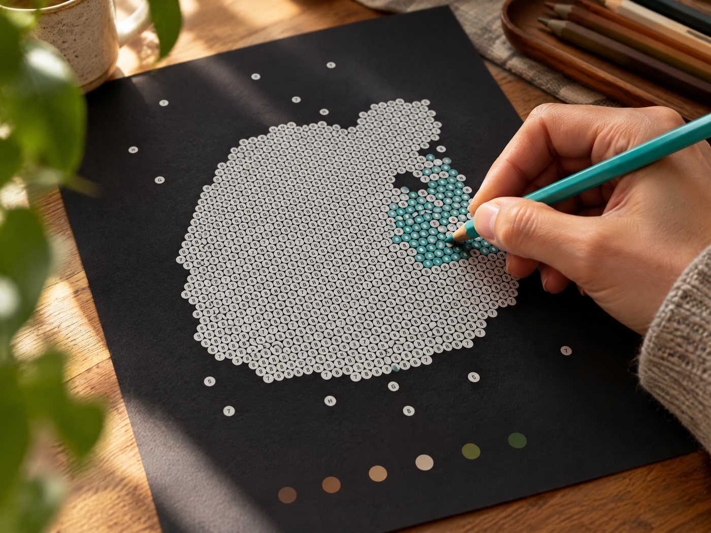 Coloring the dots of a black paper color by number page with colored pencils