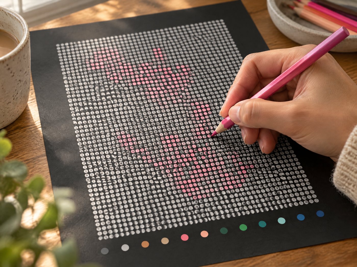Coloring the dots of a black paper color by number page with colored pencils