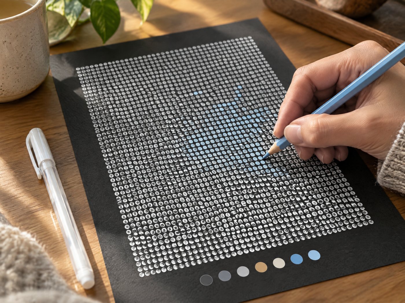 Coloring the dots of a black paper color by number page with colored pencils