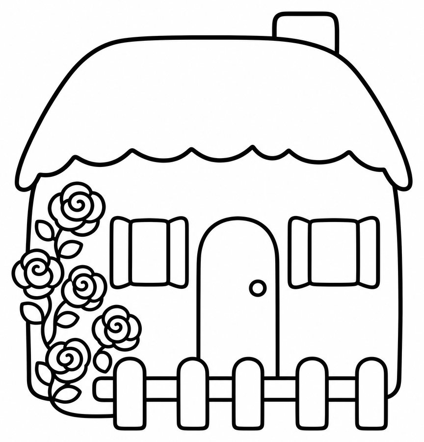 Reetdachhaus mit Rosen zum Ausmalen
