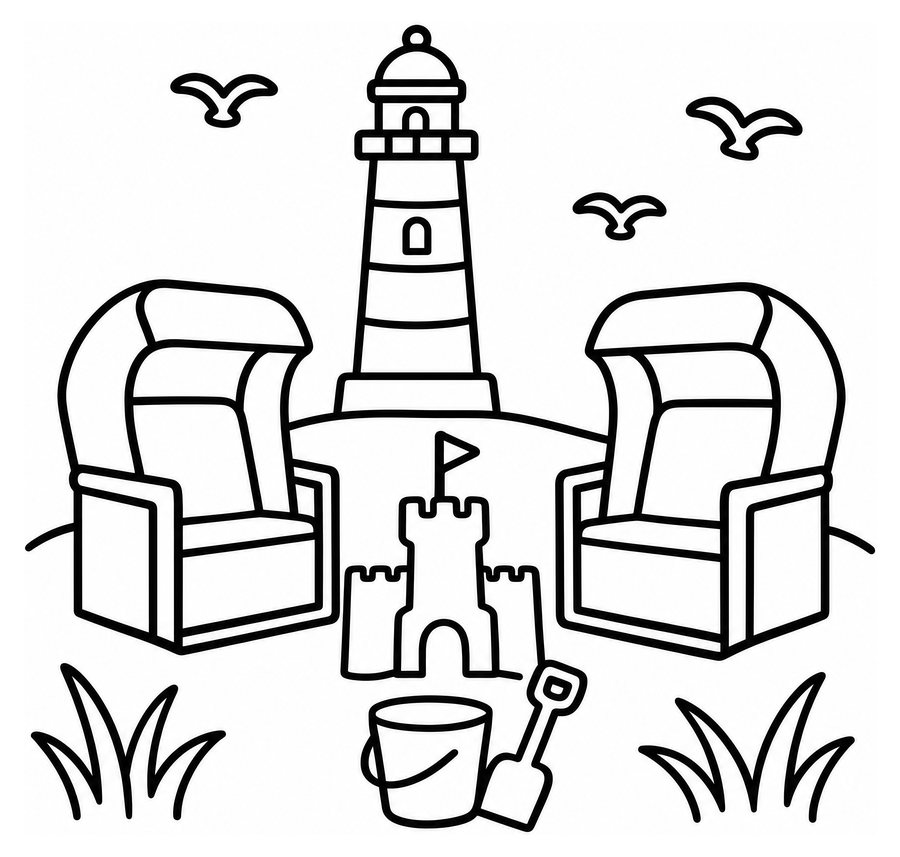 Strandkörbe am Leuchtturm zum Ausmalen