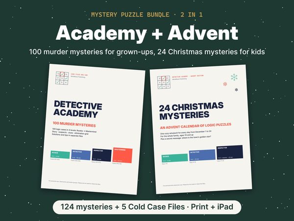 Mystery Puzzle Bundle – 100 Murder Mystery Puzzles + Christmas Advent Calendar for Kids