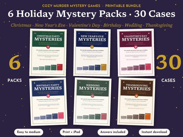 Holiday Party Games Bundle – 30 Murder Mystery Puzzles for Adults
