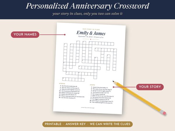 Personalized Anniversary Crossword Puzzle – Custom Love Story Gift for Husband or Wife
