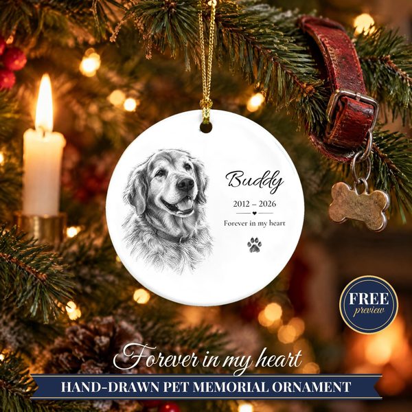 Personalized Pet Memorial Ornament from Photo – Custom Dog Portrait Sketch