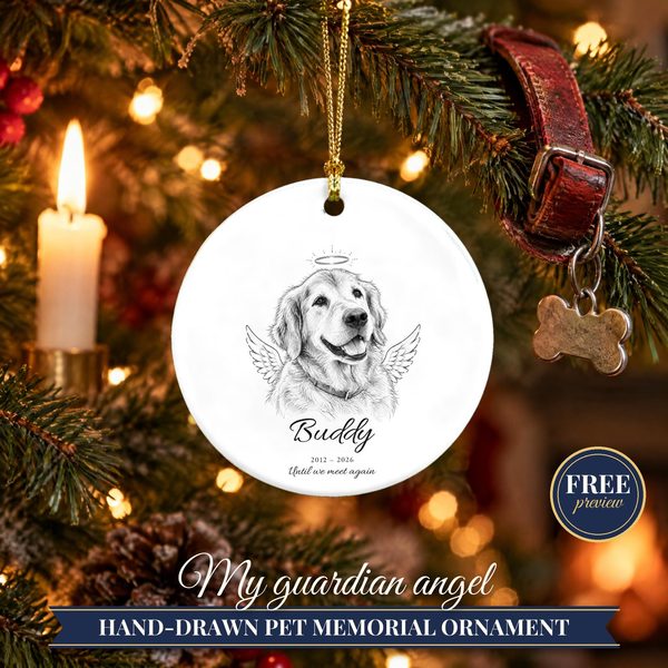 Pet Memorial Ornament with Angel Wings – Custom Dog Portrait from Photo