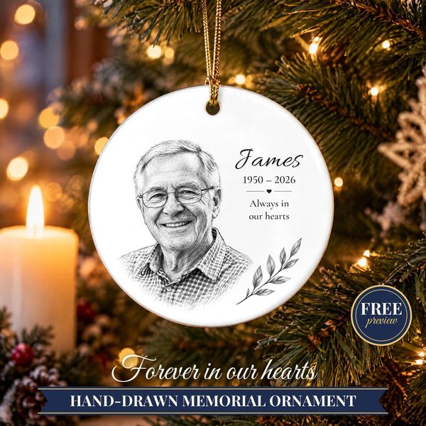 Custom Photo Memorial Christmas Ornament – Hand Drawn Portrait Sketch