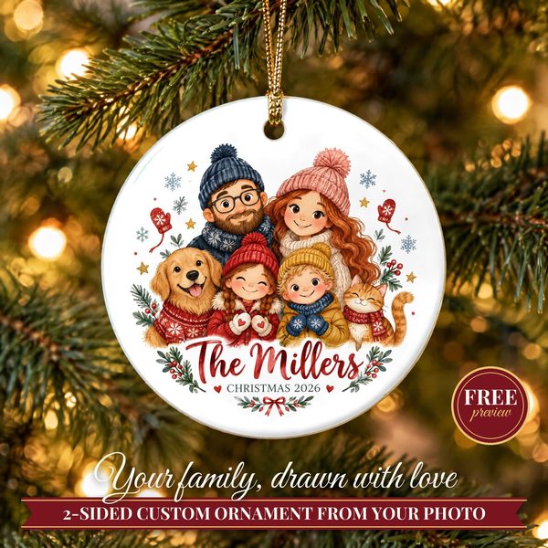 Family Christmas Ornament 2026 from Photo – 2 Sided Custom Cartoon Portrait with Pets and Names
