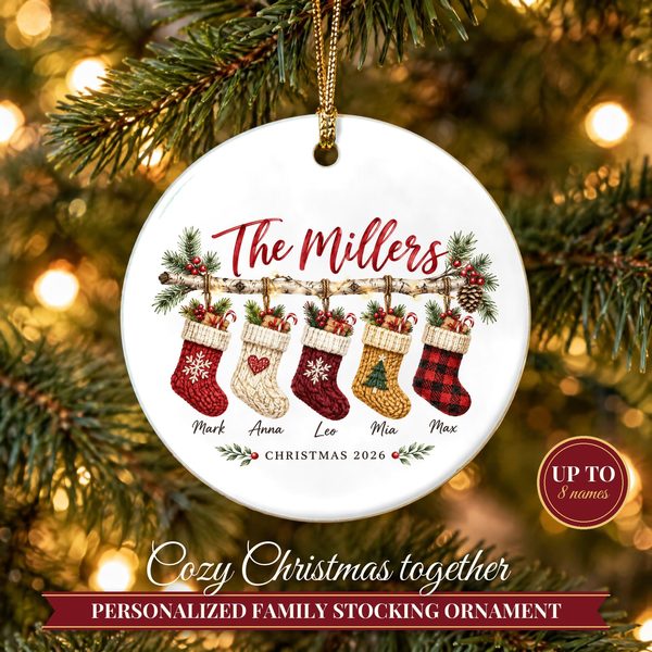 Family Name Christmas Ornament 2026 – Personalized Stocking Family Ornament with Names and Pets