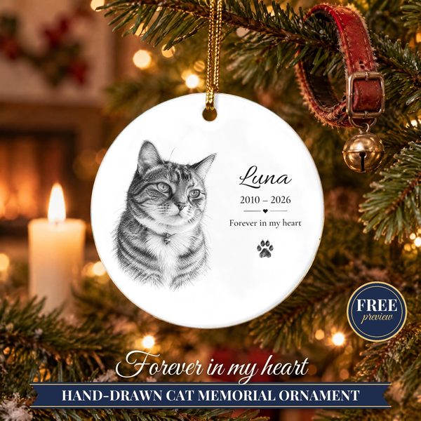 Personalized Cat Memorial Ornament from Photo – Custom Cat Portrait Sketch