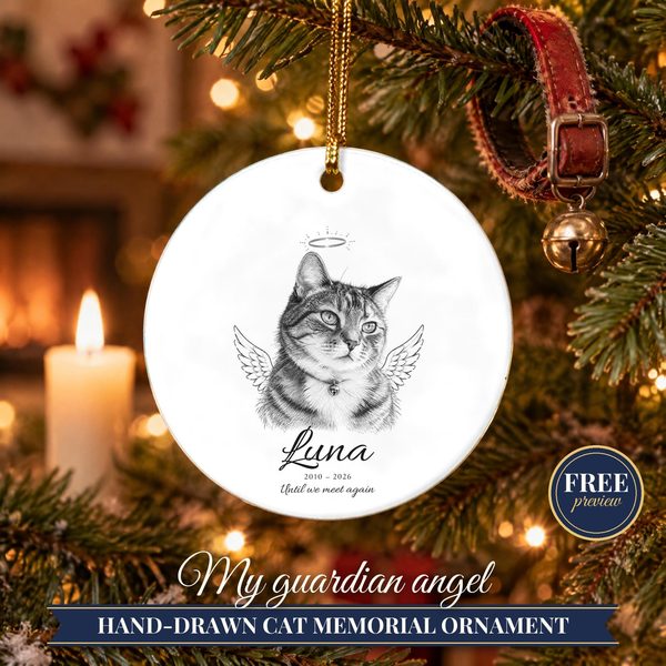 Cat Memorial Ornament with Angel Wings – Custom Cat Portrait from Photo