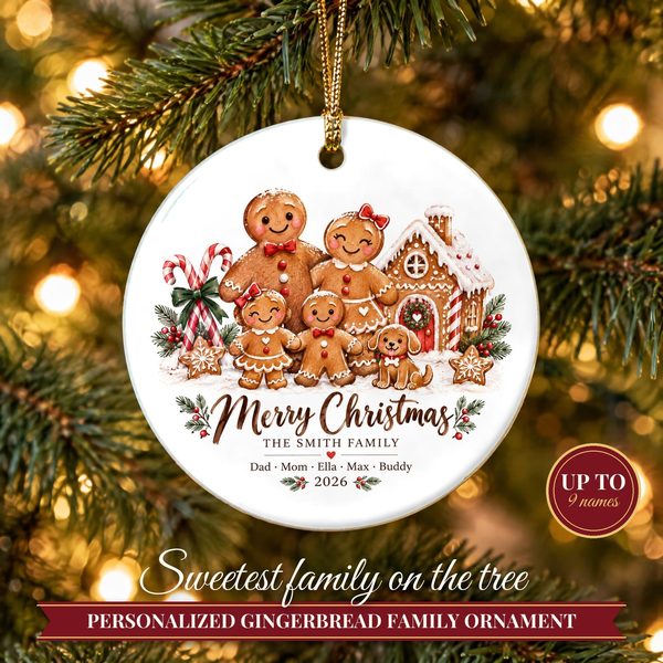 Gingerbread Family Ornament 2026 – Personalized Christmas Ornament with Names and Pets
