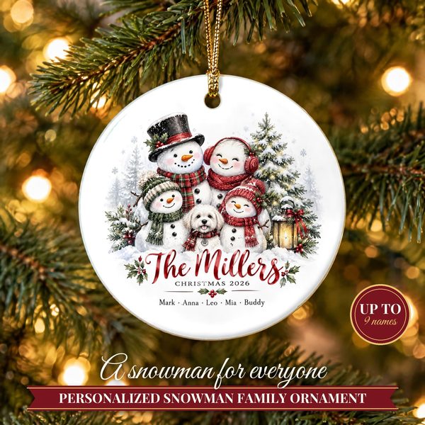 Snowman Family Ornament 2026 – Personalized Christmas Ornament with Names and Pets