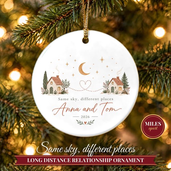 Long Distance Relationship Ornament – Moon and Stars Christmas Ornament with Names