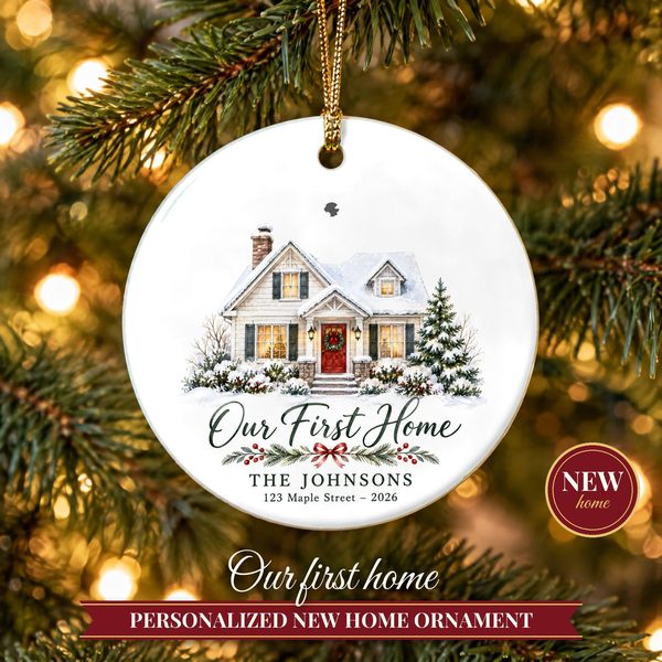 New Home Ornament 2026 – Our First Home Christmas Ornament with Family Name