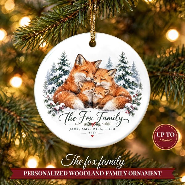 Fox Ornament Christmas 2026 – Fox Family of Four Name Keepsake