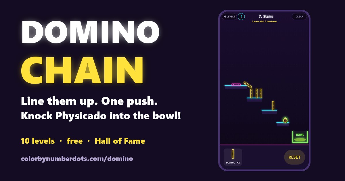 Domino Chain: a row of neon dominoes tumbling down steps towards Physicado and the guacamole bowl