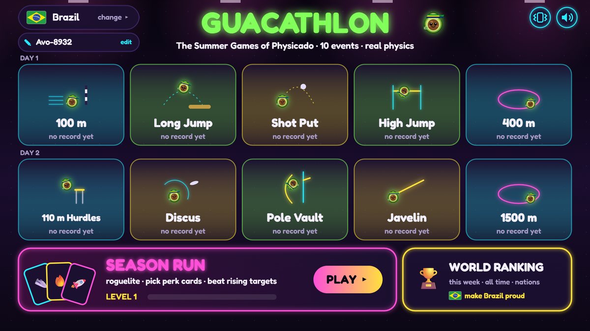 Guacathlon menu with ten athletics events, from the 100 m to the 1500 m