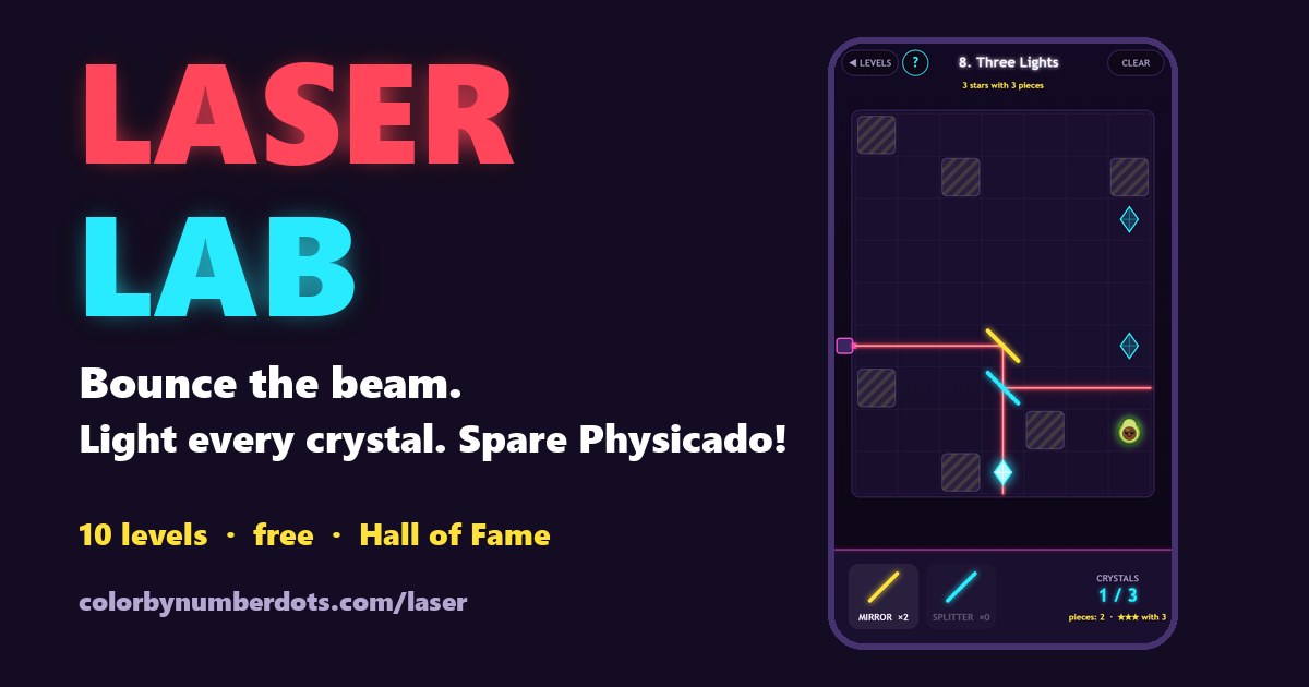 Laser Lab: a red laser beam bouncing off mirrors through glowing crystals, past Physicado